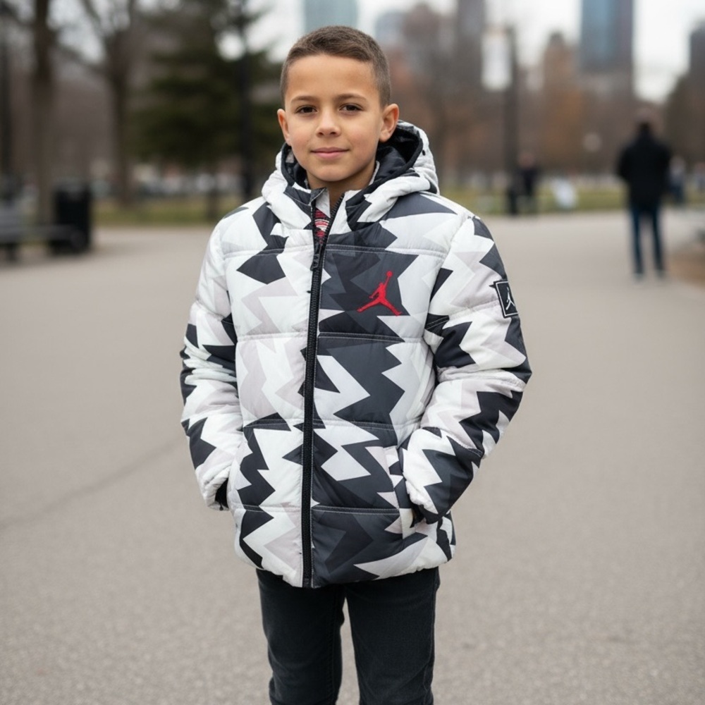 Used Jordan Youth Zigzag Puffer Parka Jacket in Black and White-10-12 medium